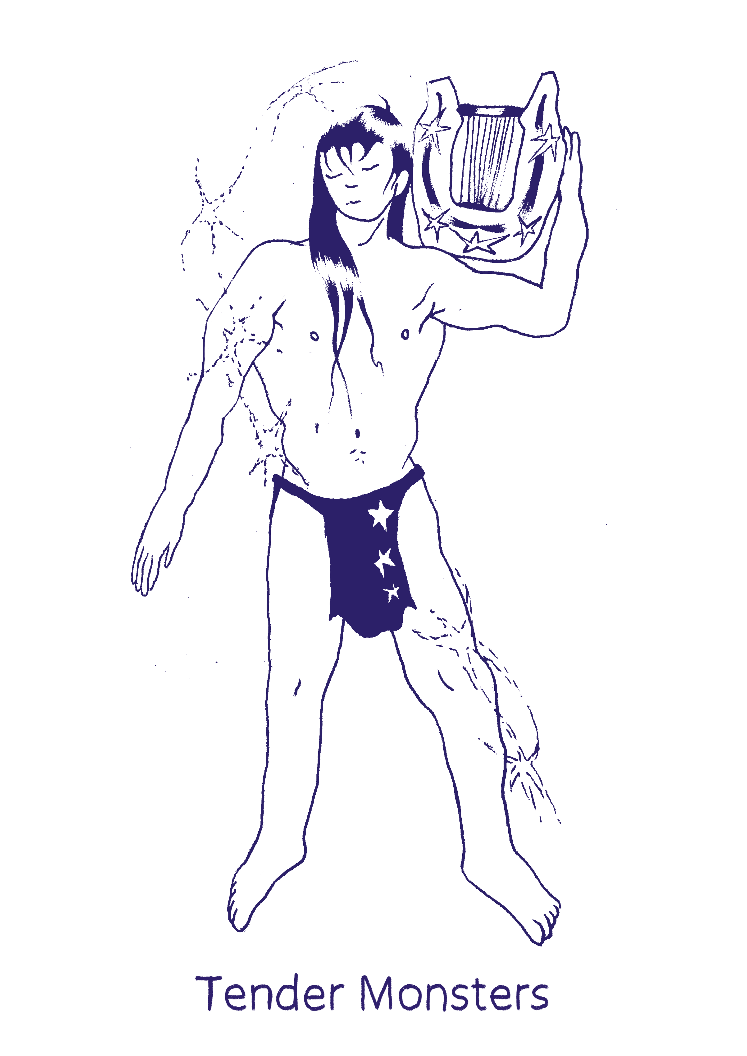 A drawing of a person. The person is wearing only a cloth around their waist and is carrying a stringed instrument on their shoulder. Below the drawing it says: Tender Monsters.